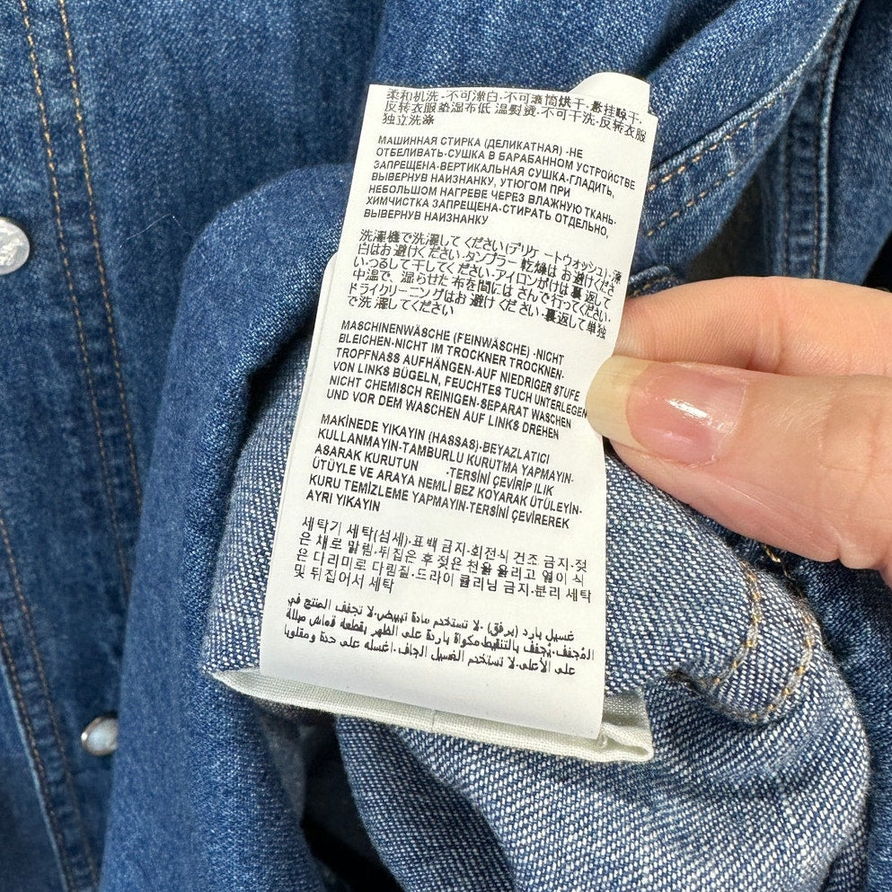 Versace Blue Denim Long Sleeve Pearl Snap Yellow Versace Logo Shirt 41 / Medium