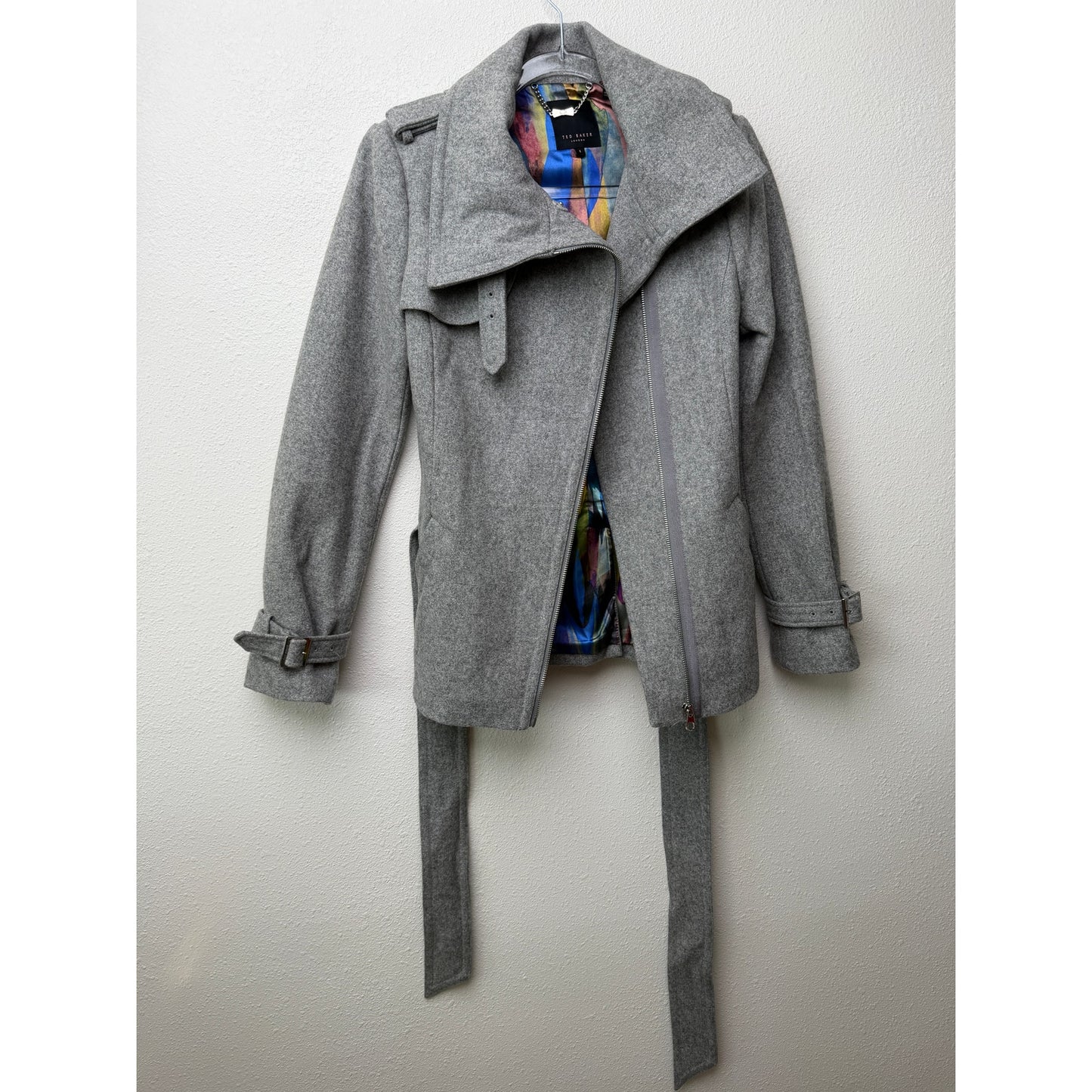 Ted Baker Gray Belted Zip Jacket Womens US 4 Heathered Coat