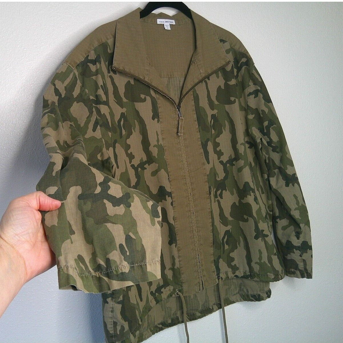 James Perse Army Green Tan Camo Print Zip Band Neck Long Sleeve Jacket 4 / XL