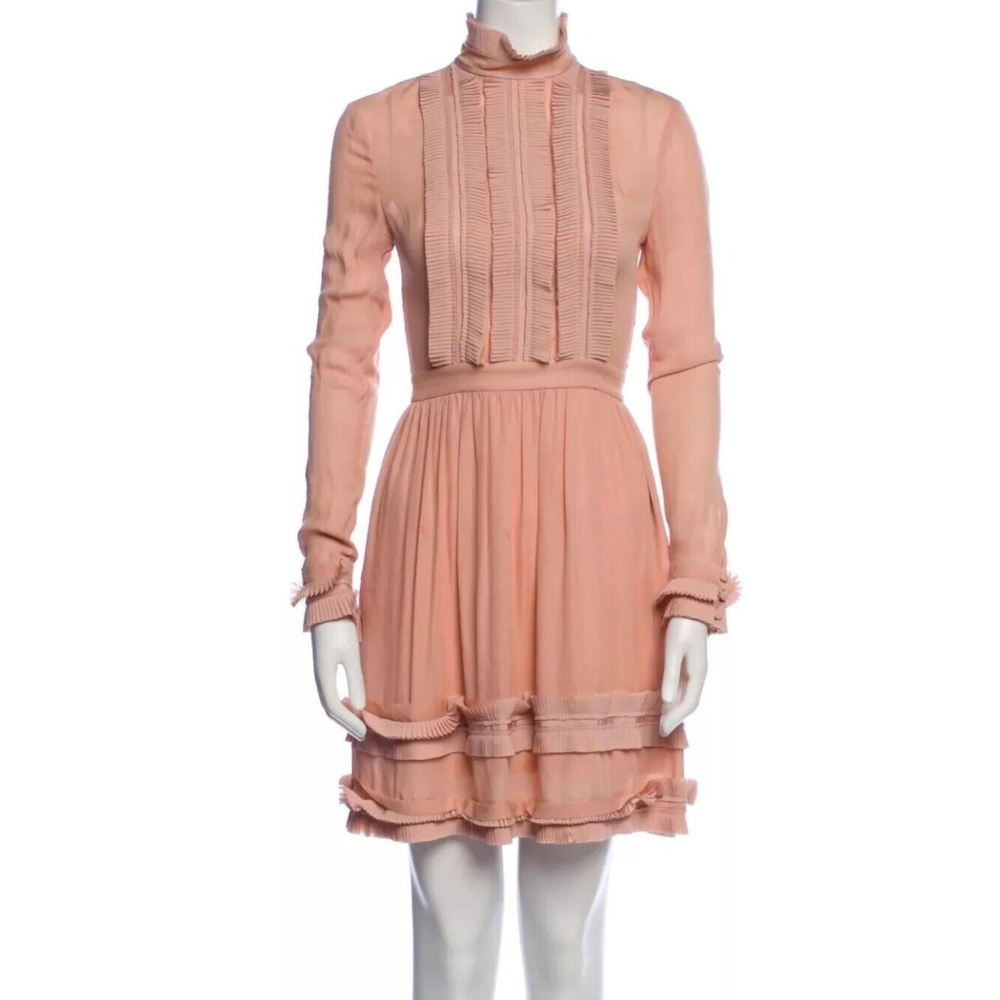 Nicholas Peachy Pink Fine Pleat Silk Long Sleeve Mini Ruffles High Neck Dress 0