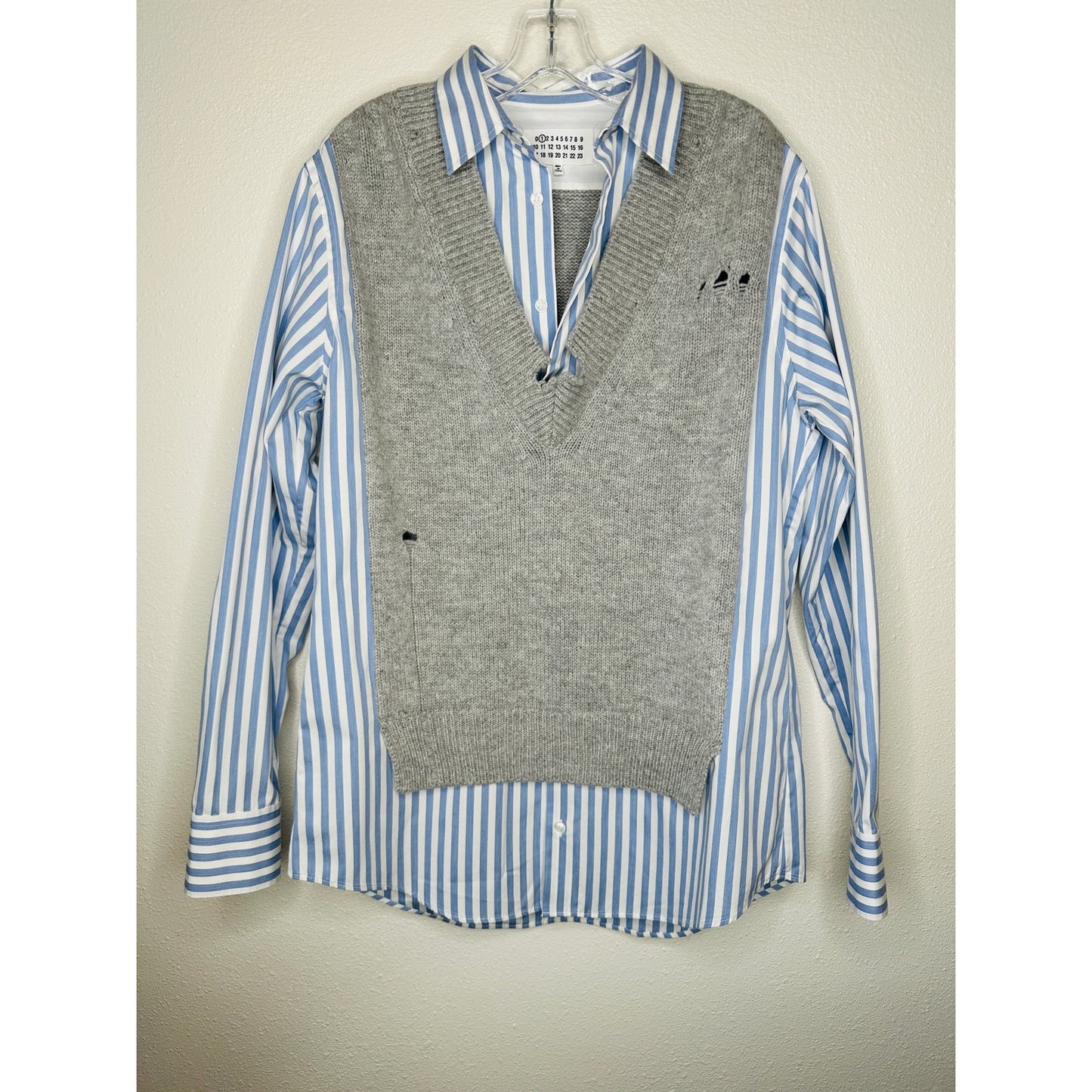 Maison Margiela Distressed Gray Vest Layered Blue & White Stripe Shirt
