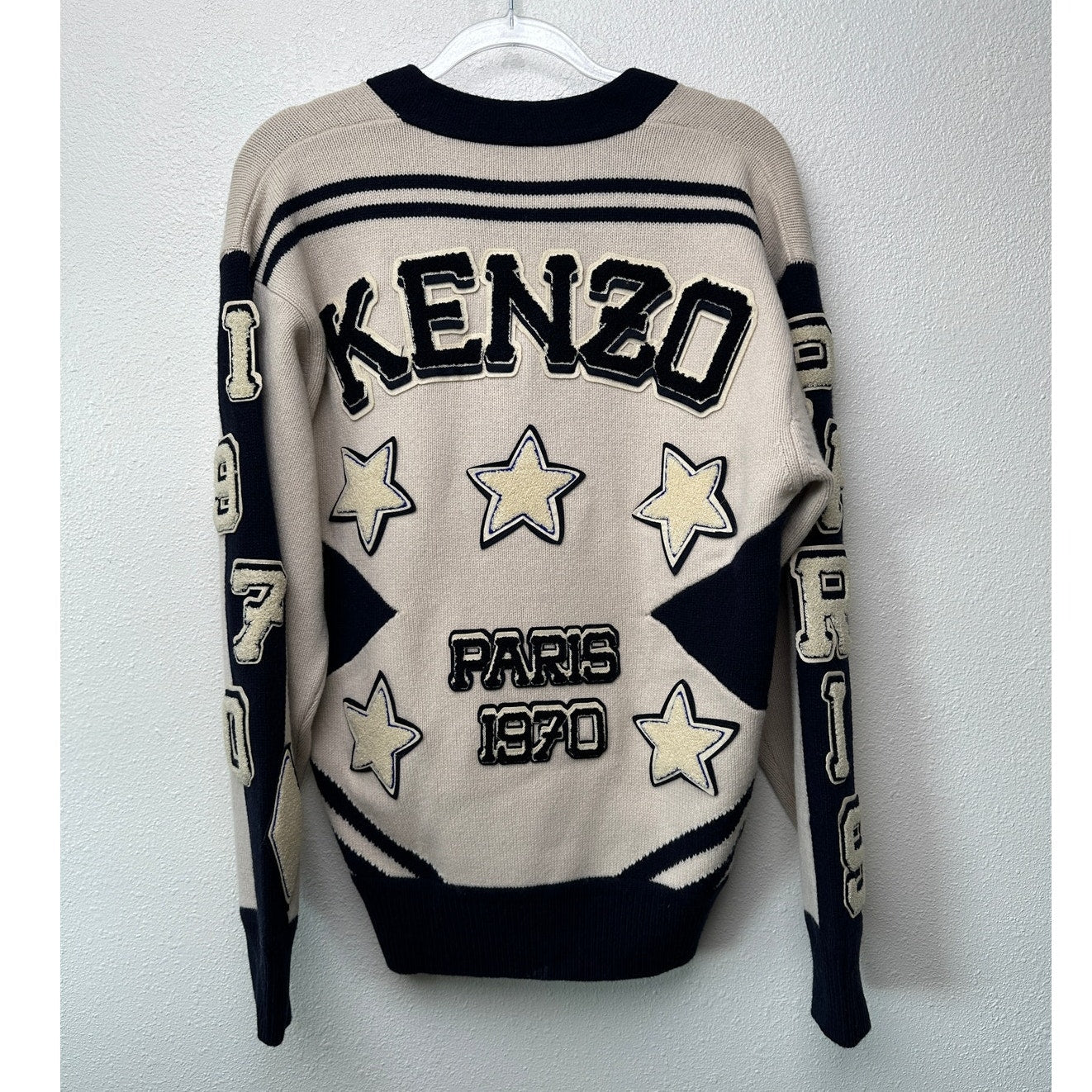 KENZO Paris Tiger Graphic V-Neck Sweater Off White Navy Size M