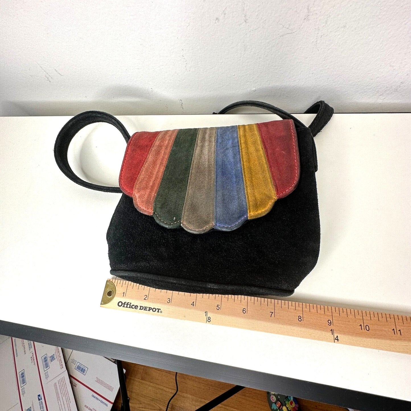 Cab Blanche Shell Canteen Black Suede Rainbow Clamshell Fold Crossbody Purse