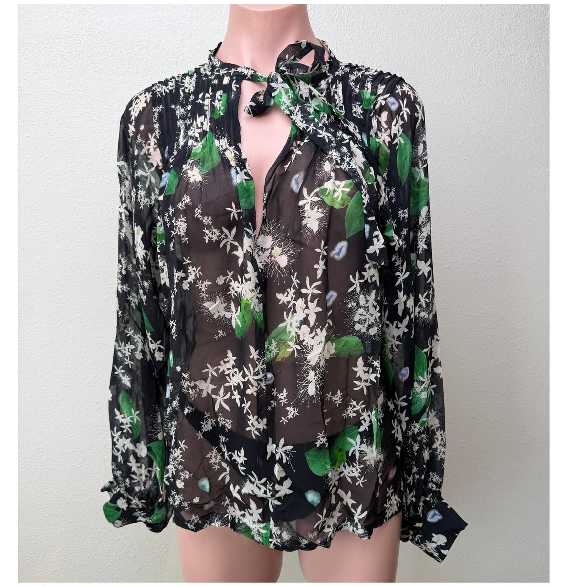 Isolda Silk Floral Tie Neck Sheer Blouse Black Green Women's US M