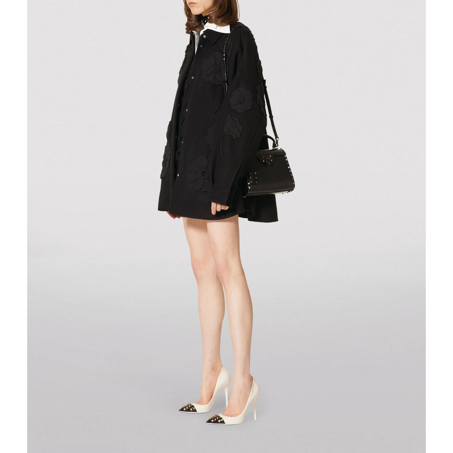 Valentino Garavani Black Wool-Cashmere Floral Applique Jacket