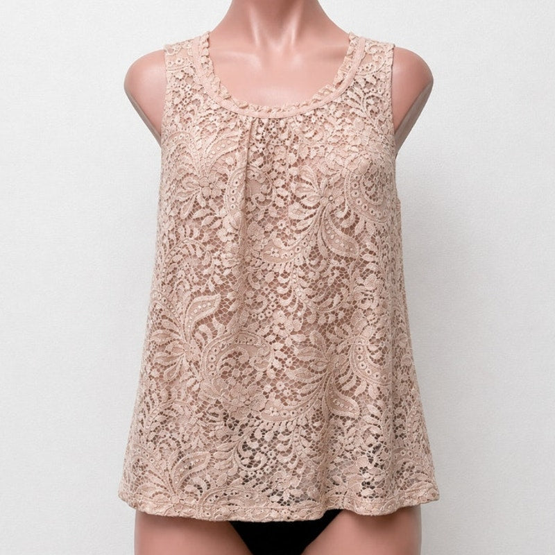 LOFT Flowy Dusty-Rose Floral Lace Lined Sleeveless Blouse Key Hole Back XSP