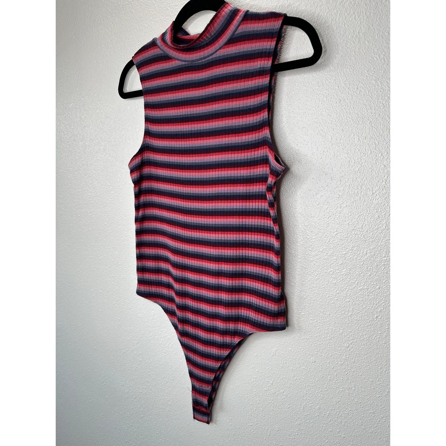 Abound Pink Burgundy Blue Gray Striped Mock Neck Sleeveless Bodysuit L