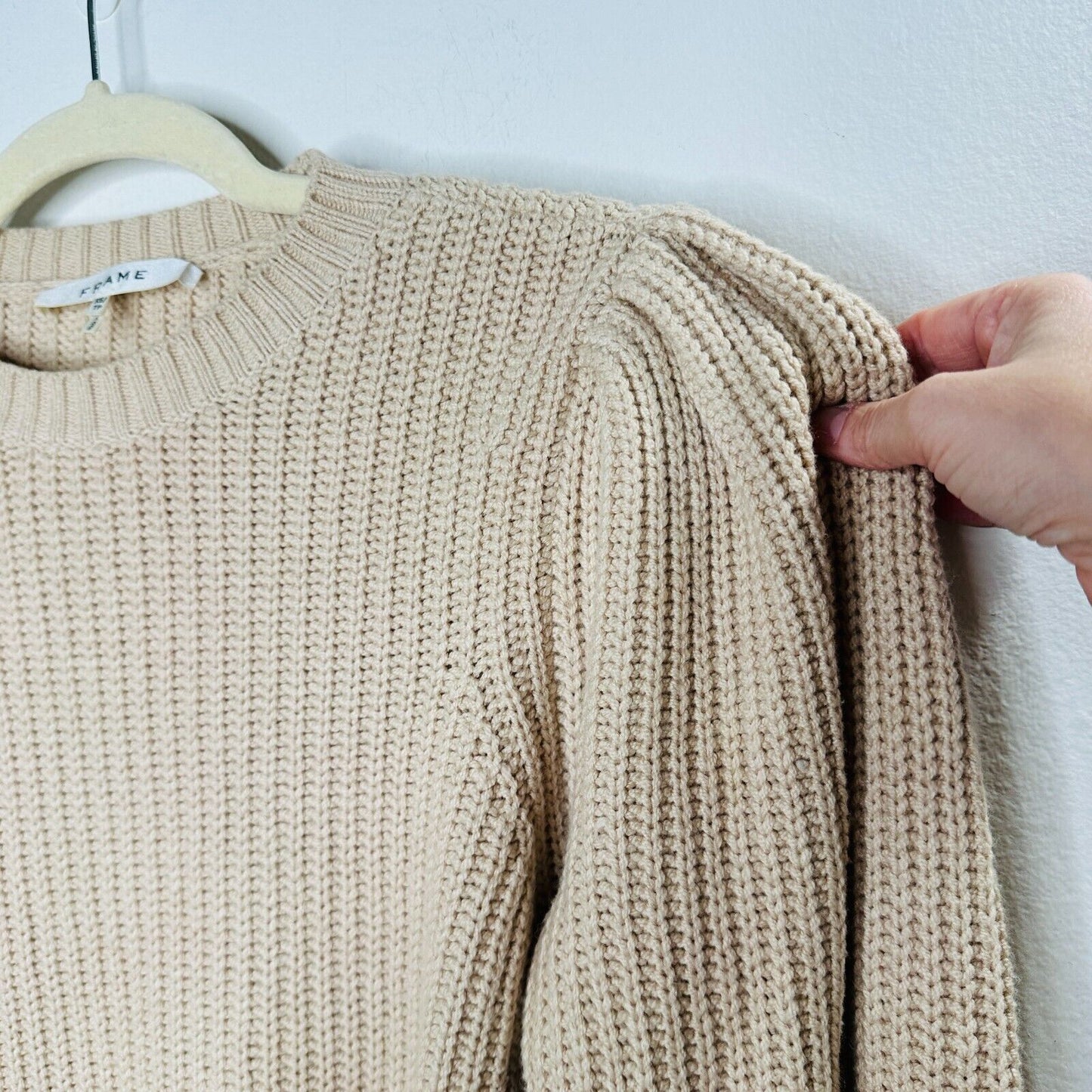 Frame Tan Ribbed Cable Knit Crew Neck Balloon Puff-Sleeve Banded Crop Sweater XS