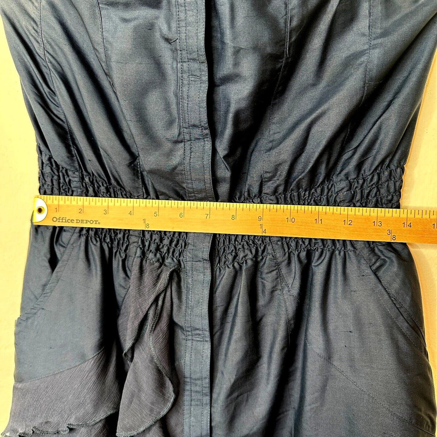 Modern Amusement Cute Strapless Navy Button Down Tiered Ruffle Dress 100% Silk 6
