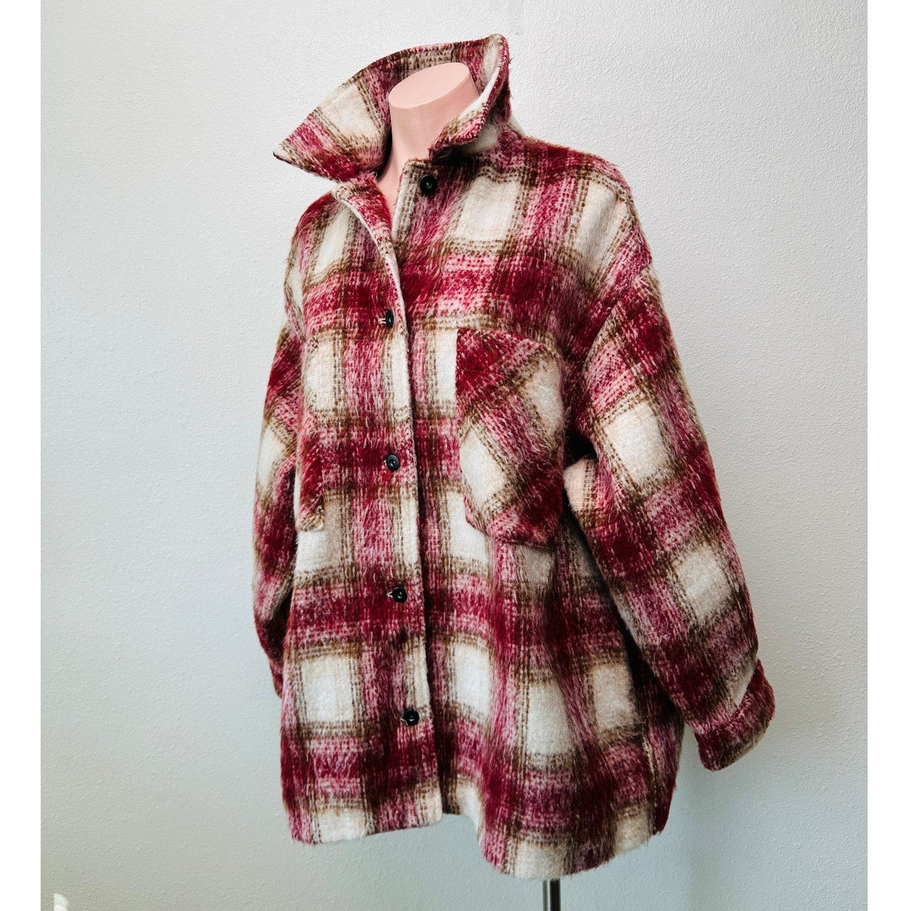 Zara Jacket Red Brown Cream Plaid Womens US XL Fuzzy