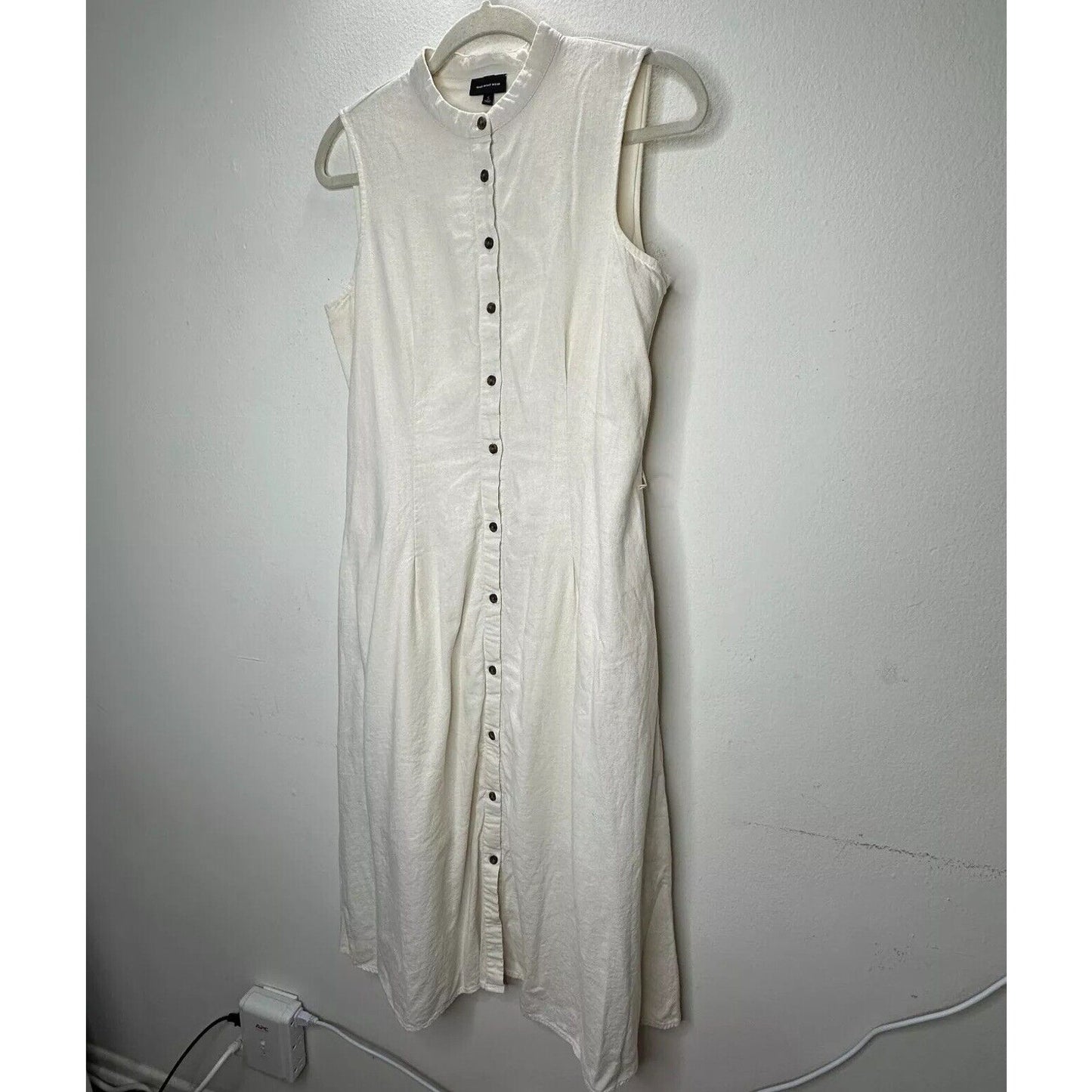 Whowhatwhere Cream Sleeveless Mock Neck Button Front Pocket Linen Midi Dress SM