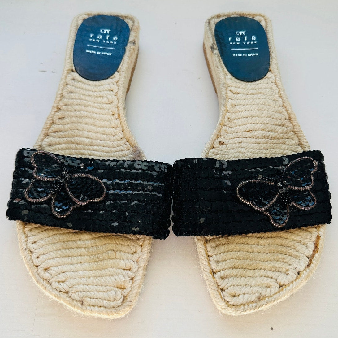 Rafe New York Black Sequin Butterfly Espadrille Slide Sandal Shoes 38 / 7.5