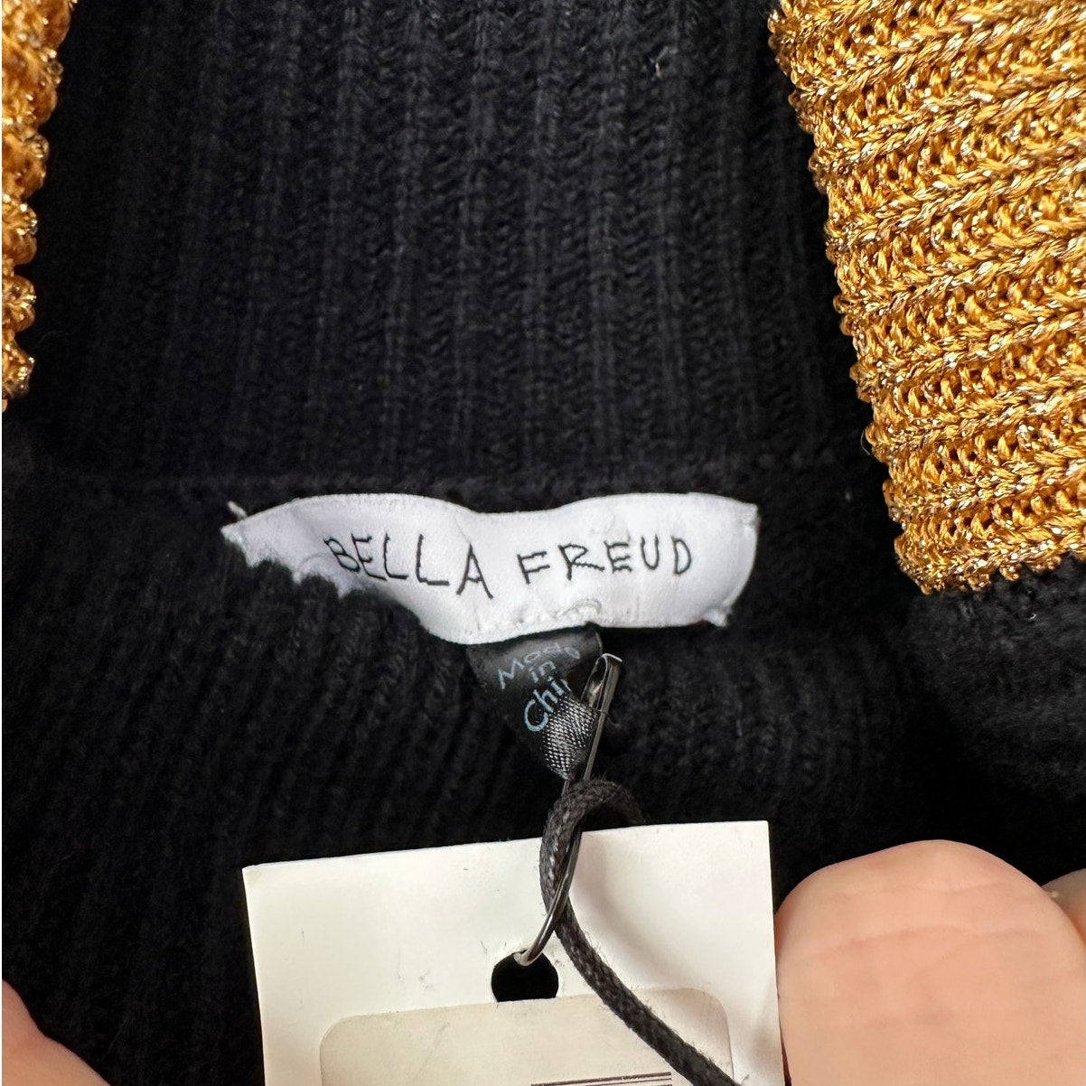 NWT Bella Freud Billie Jean Metallic Gold Stripe Turtleneck Sweater Black M