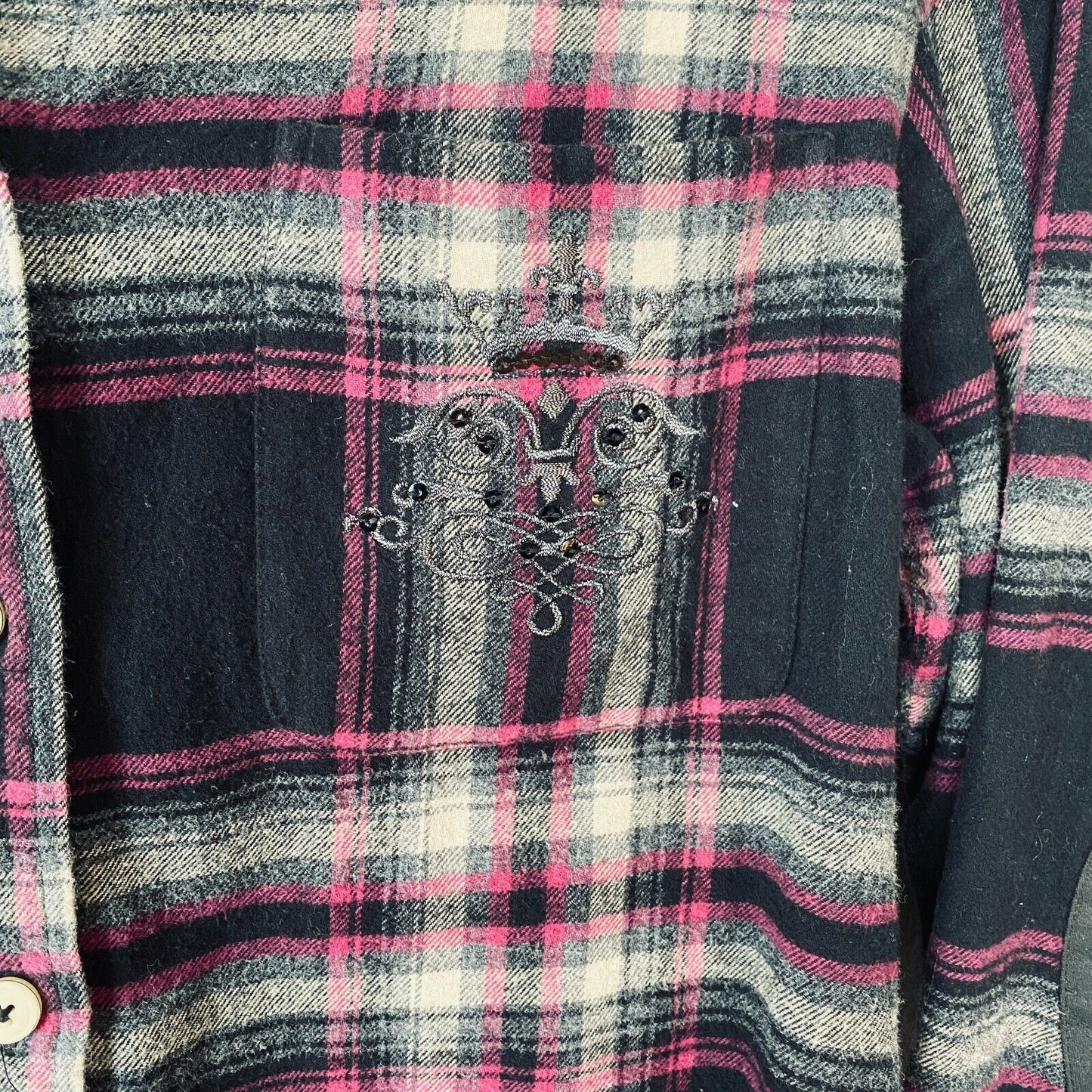 Soft Surroundings Magenta Black Plaid Button Elbow Patch Embroidered Pocket M