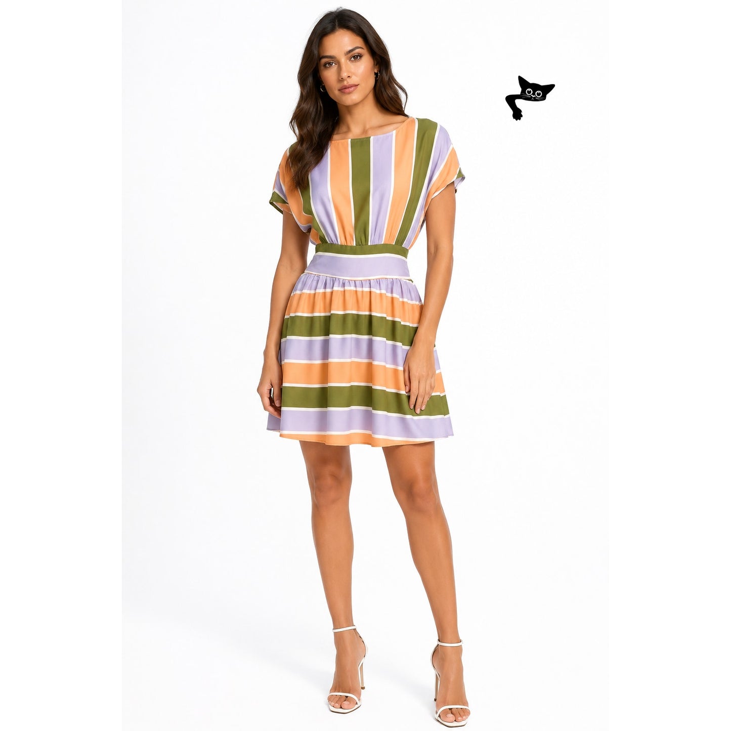 Bar III Front Row Striped Belted Fit & Flare Dress Peach Green Lilac Sz S