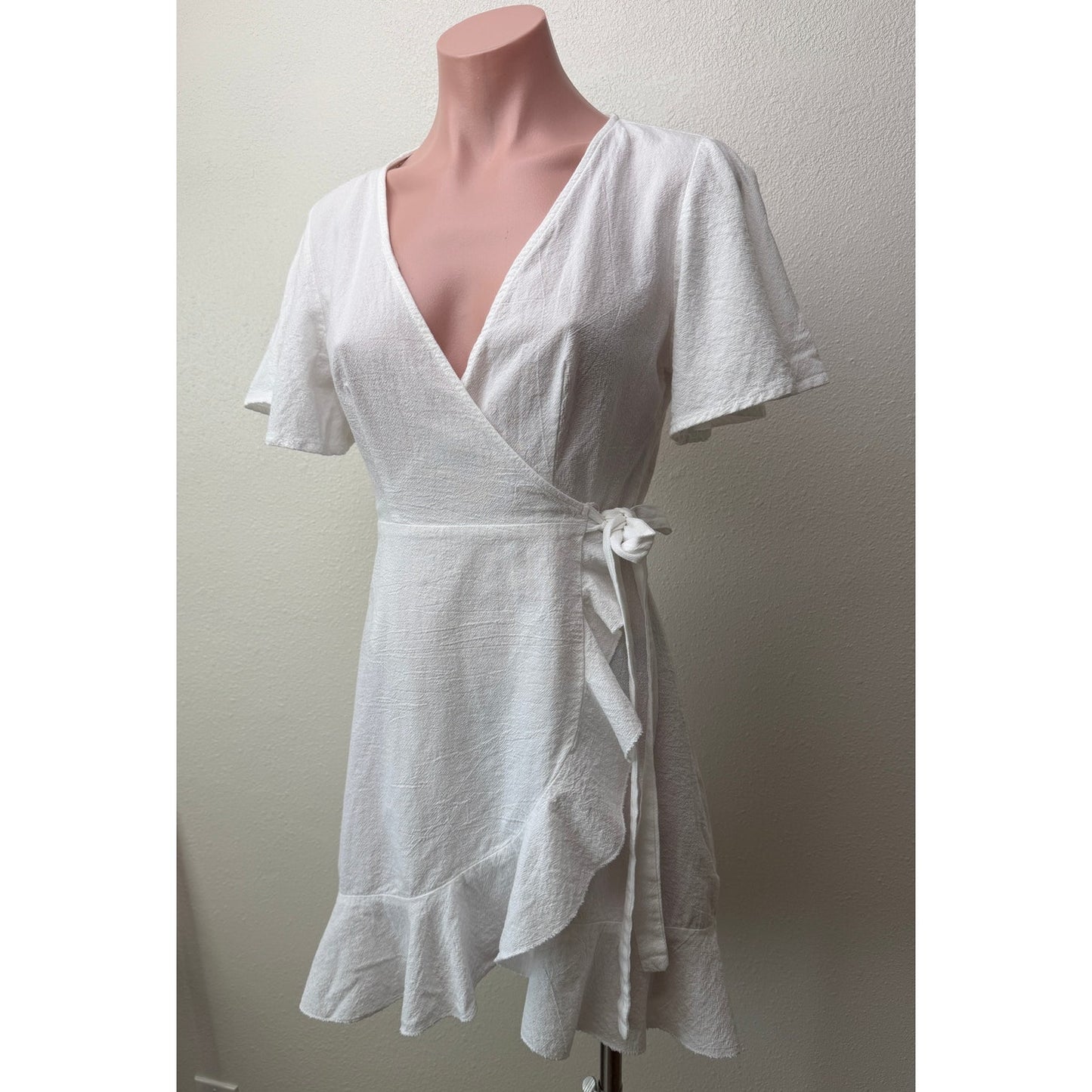 SHEIN White Cotton Wrap Mini Dress Short Sleeve Ruffle Hem Women's S