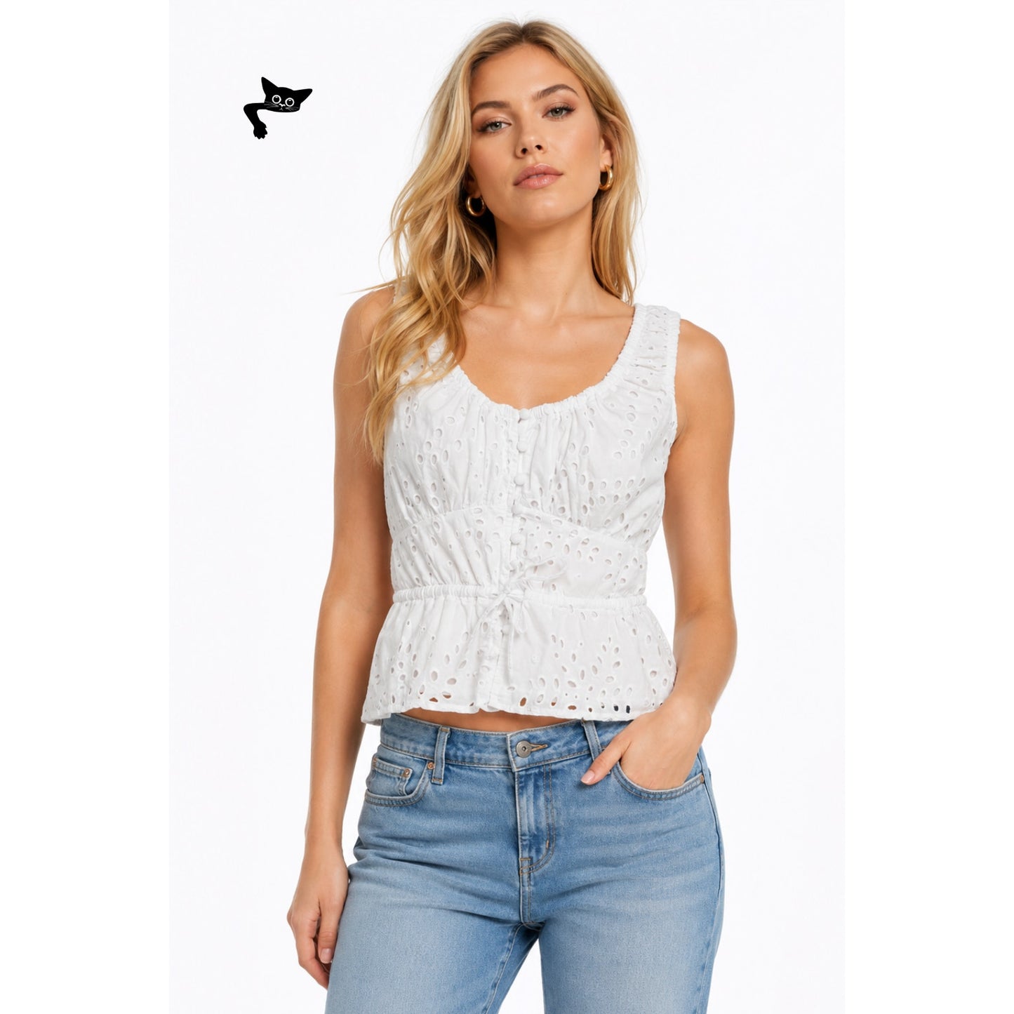 Guess Larisen White Eyelet Button Front Boho Tank Top Size S