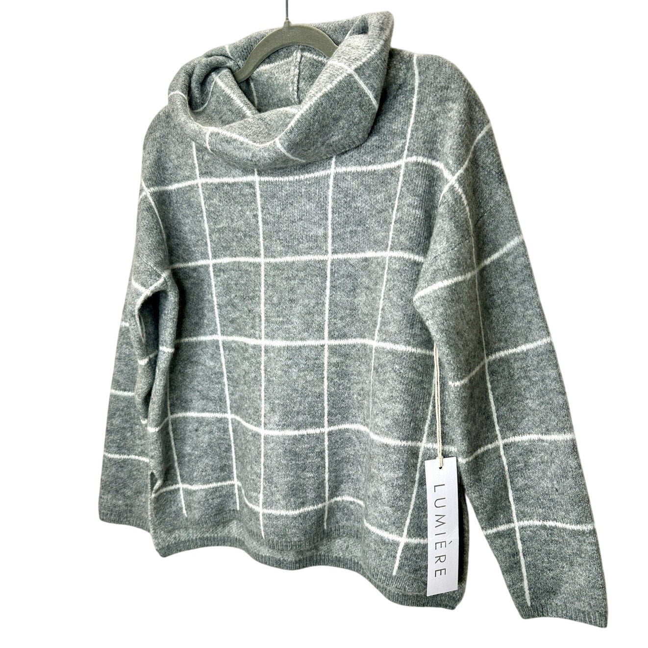 NWT Lumiere Gray & White Windowpane Cowl Neck Sweater S