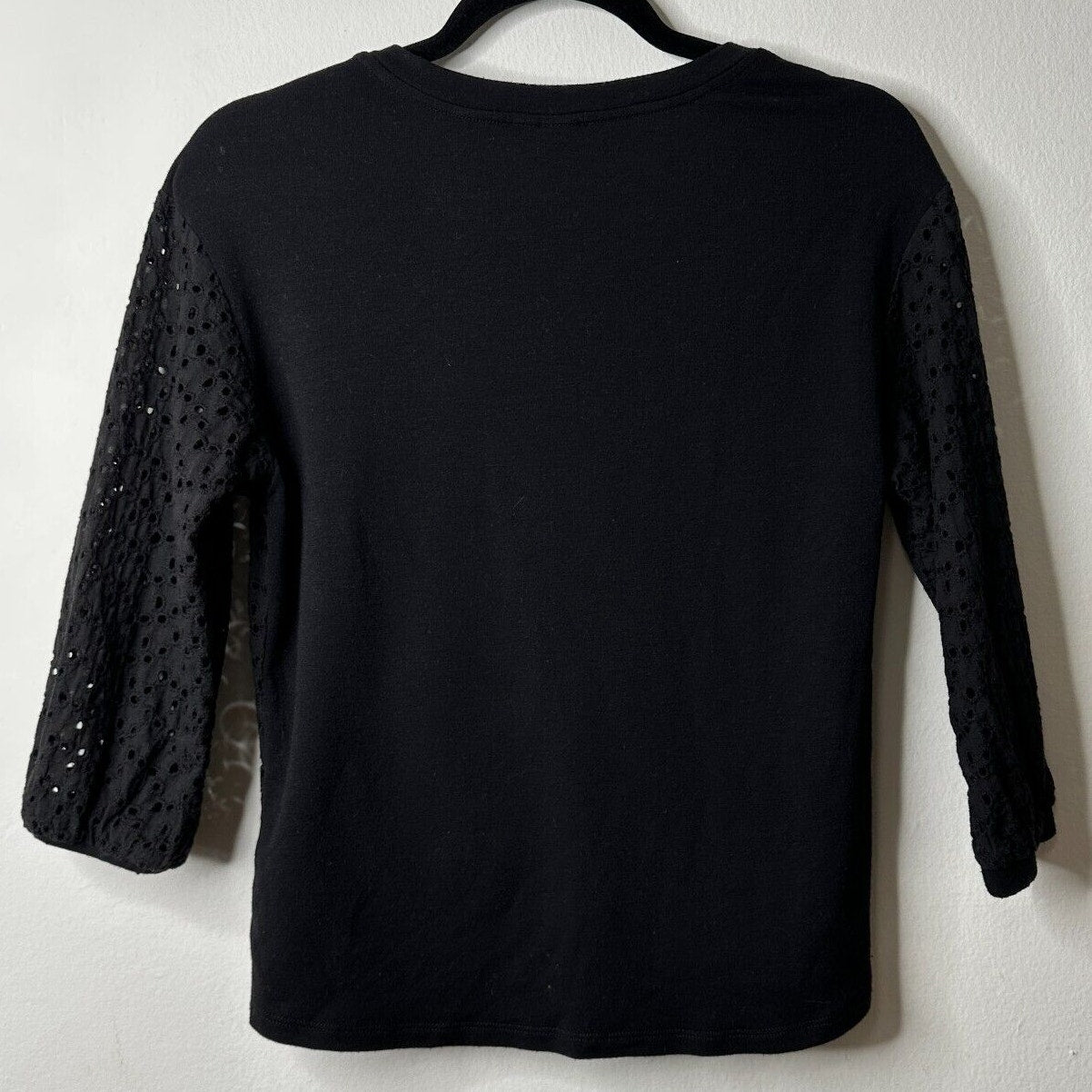 Allison Joy Black Eyelet Lace Front Tie 3/4 Sleeve Round Neck Blouse XS