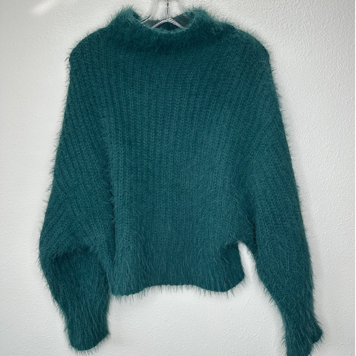Express Green Fuzzy Long Sleeve Mock Neck Crop Sweater XS