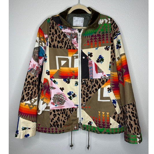 Sacai Tan Animal Mixed Print Patchwork Cotton Velvet Collar Zip Jacket 4 / XL