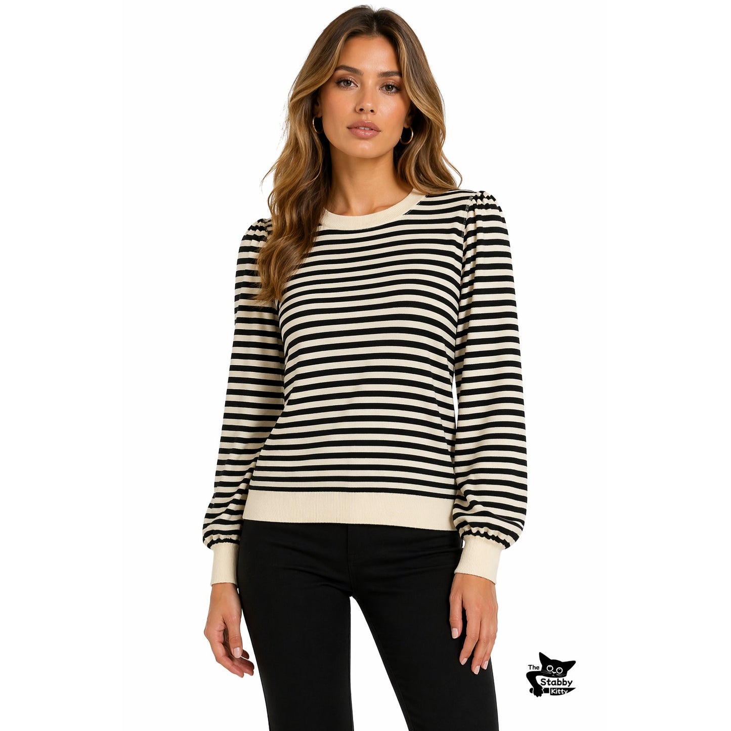 The Great. Black & Cream Striped Pleated Shoulder Sweatshirt Sweater