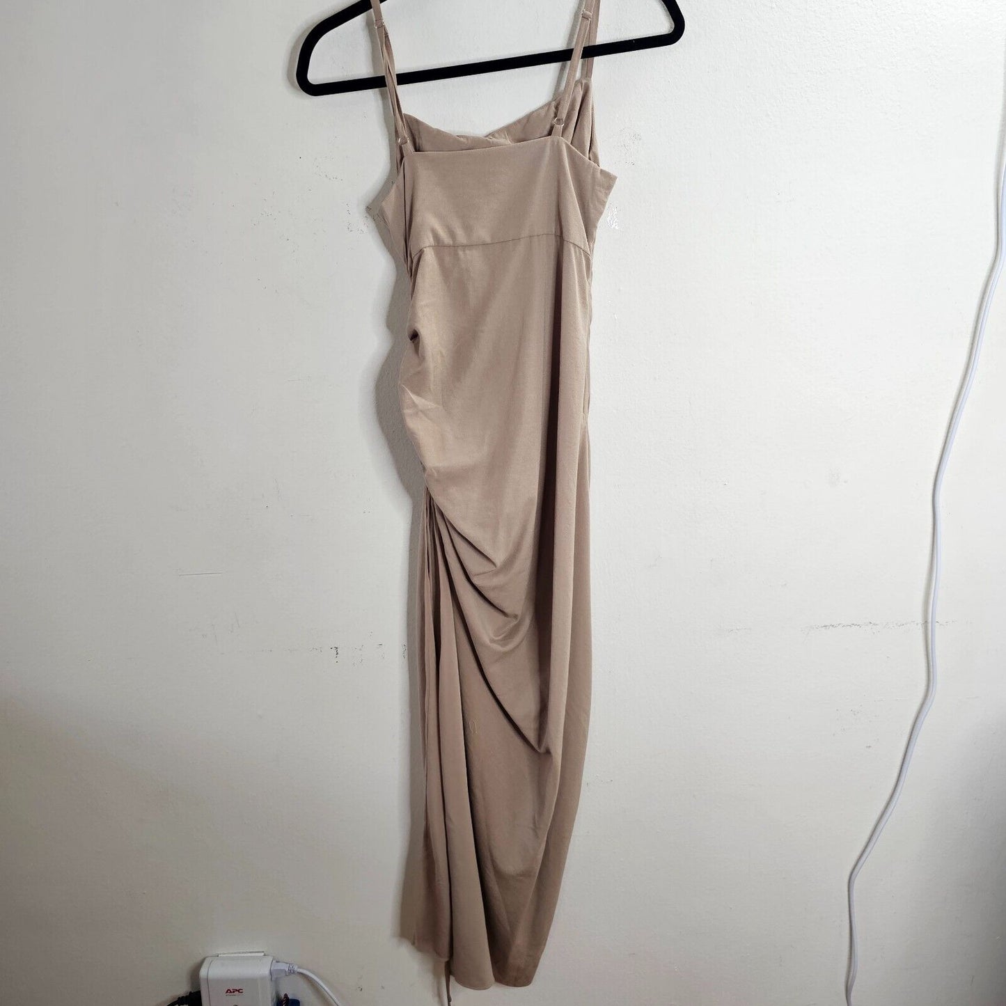 Emory Park Stretch Beige Maxi Side Drawstring Square-Neck Side Zip Split Dress S