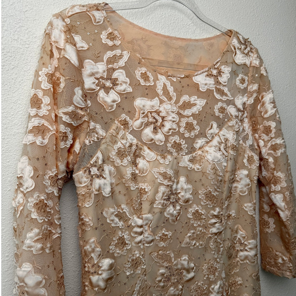 NWT Sue Wong Copper Lace Sheer Mesh Dress 3/4 Sleeve Floral Satin Size 14