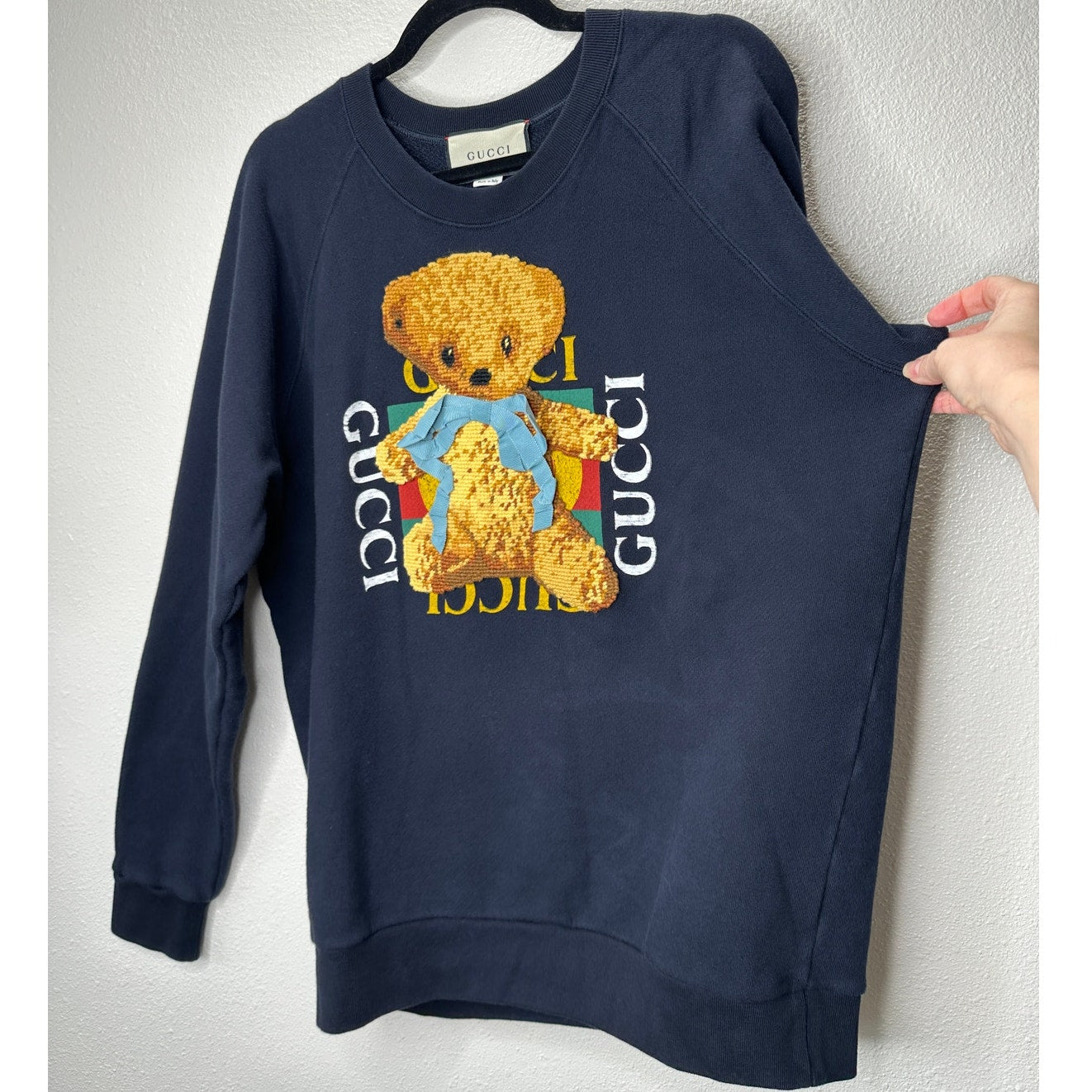 Gucci Navy Black with Tan 3D Teddy Bear & Bow Sweater Sweatshirt L