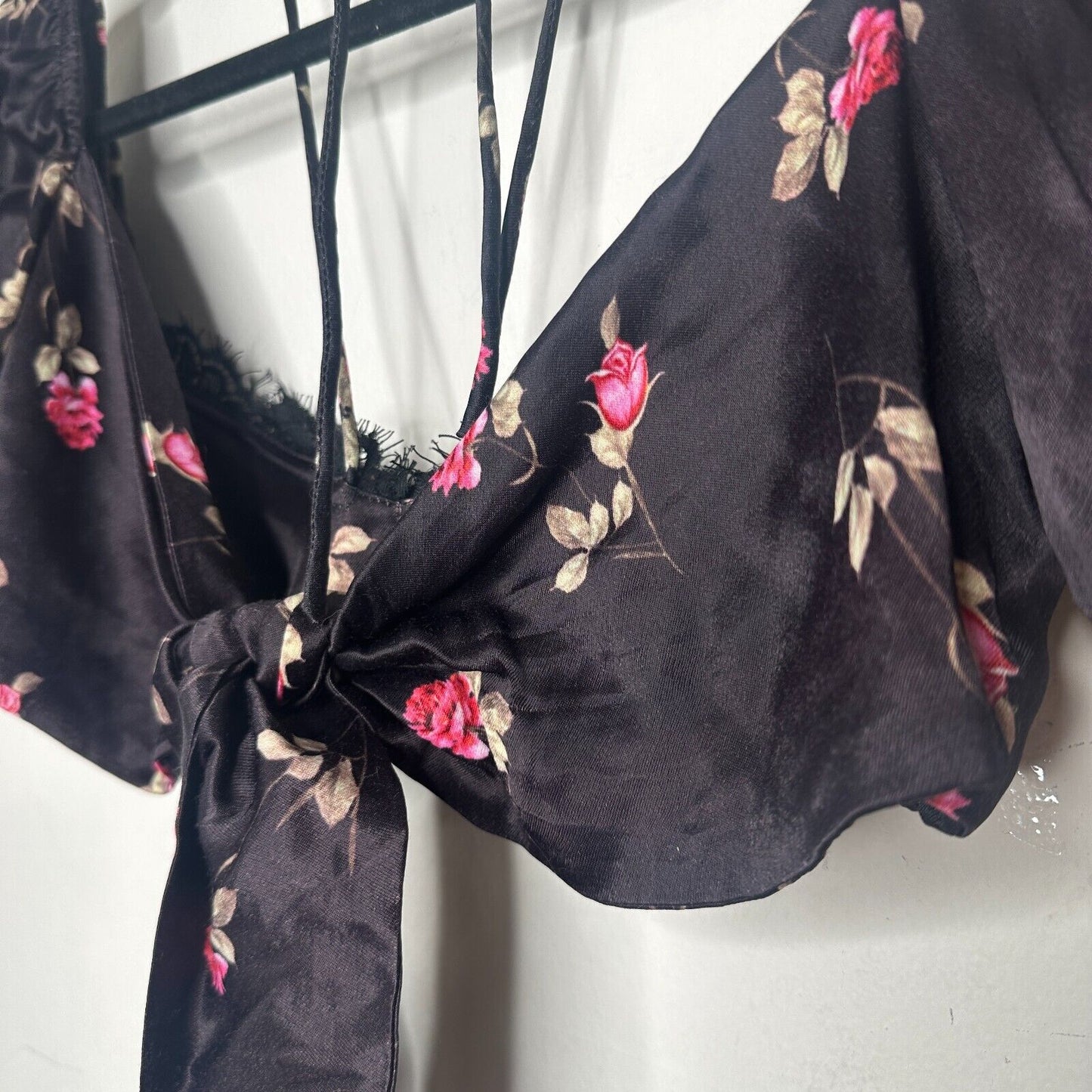 Rat & Boa Bonita Chic Satin Black Pink Floral Tie Top Sweetheart Neck Lace S