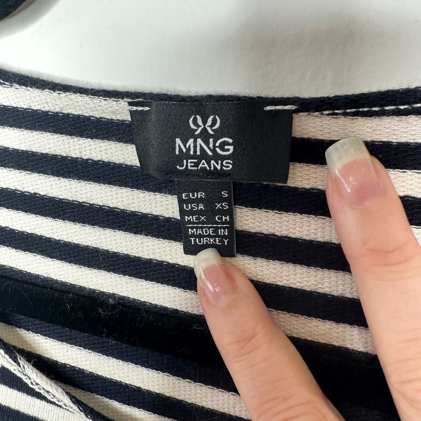MNG Mango Black White Stripe I Do What Makes Me Happy Short Sleeve Ruffle Tee SM