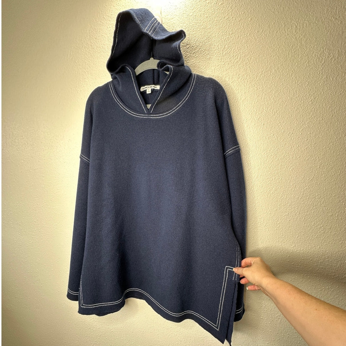 Elizabeth and James Navy with White Stitch Long Sleeve Hooded Sweater L
