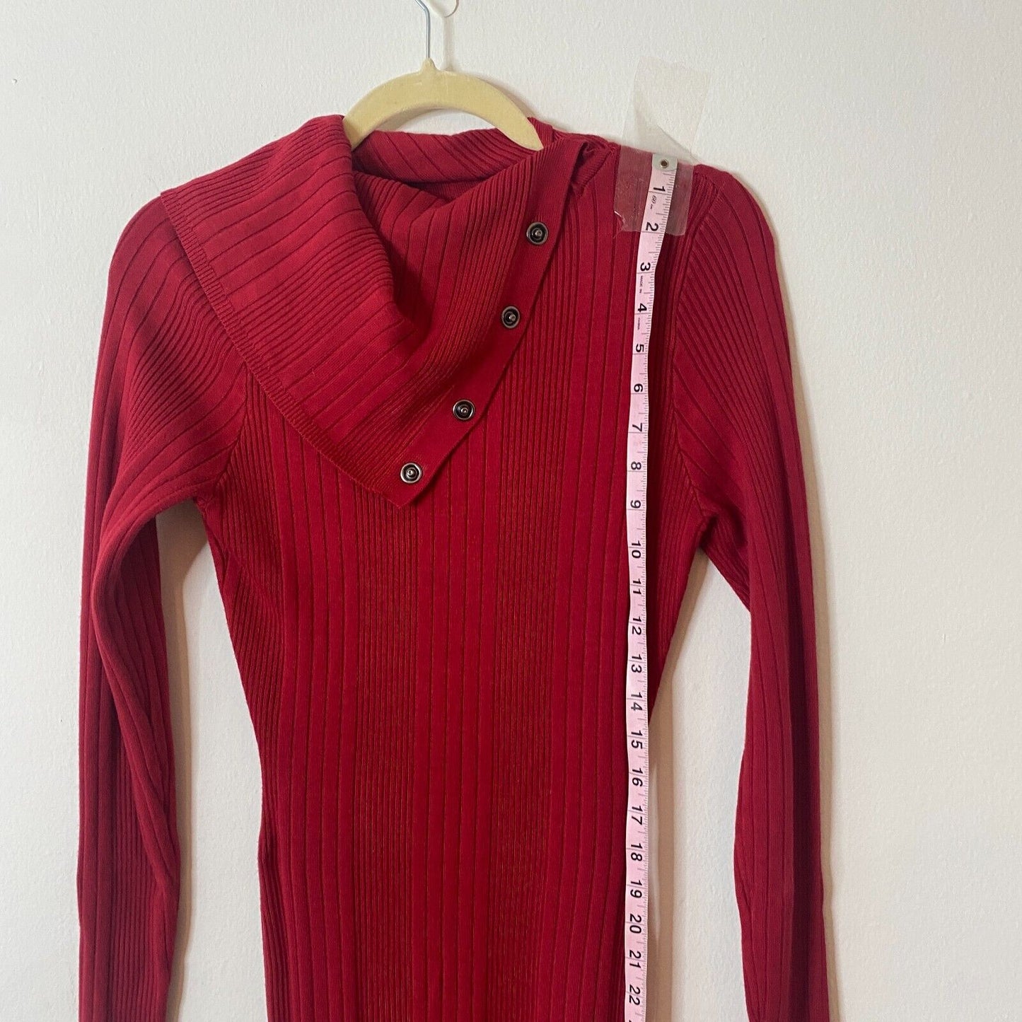 Guess Red Asymmetric Turtle Neck Bodycon Midi Sweater Dress Side Buttons XS