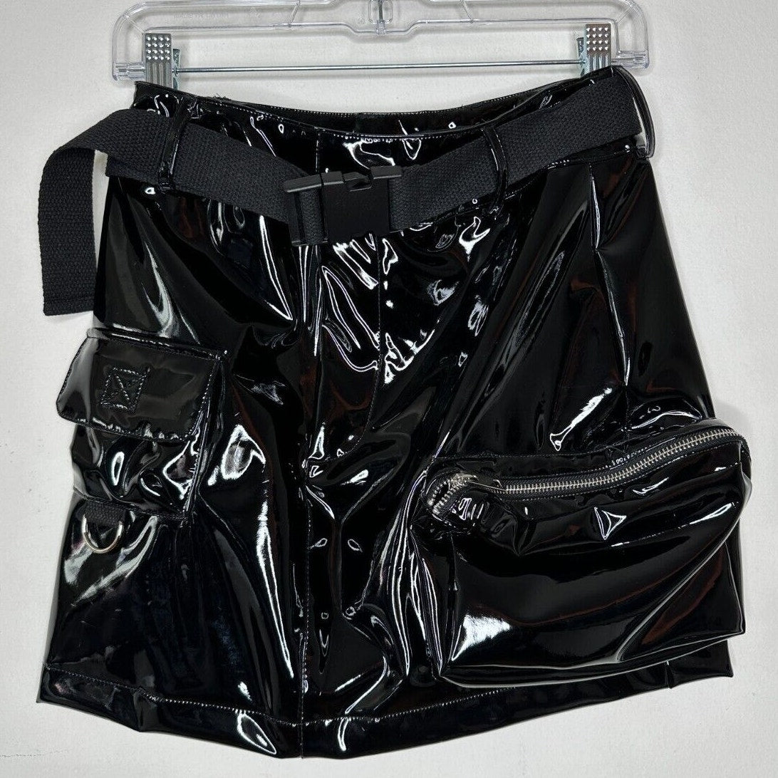 NWOT I AM GIA Edam Skirt PVC Mini High Waist Utility Pockets Silver Trim S