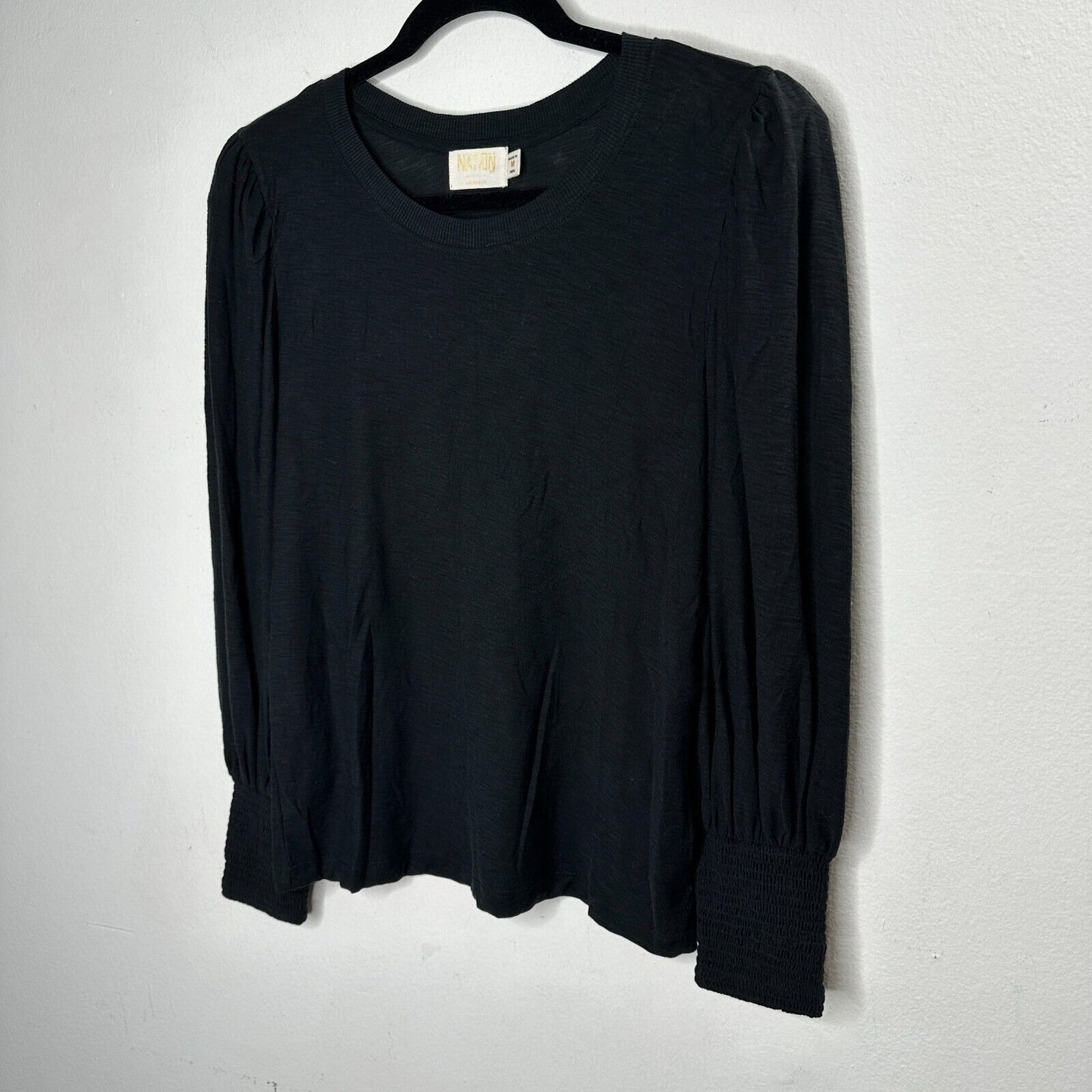 Nation LTD Black Balloon Puff Sleeve Smocked Wrist Round Neck Flowy Blouse M