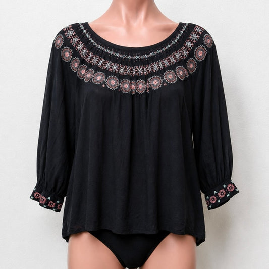 Velvet By Graham & Spencer Eva Black Peasant Top Pastel Embroidered Neck XS