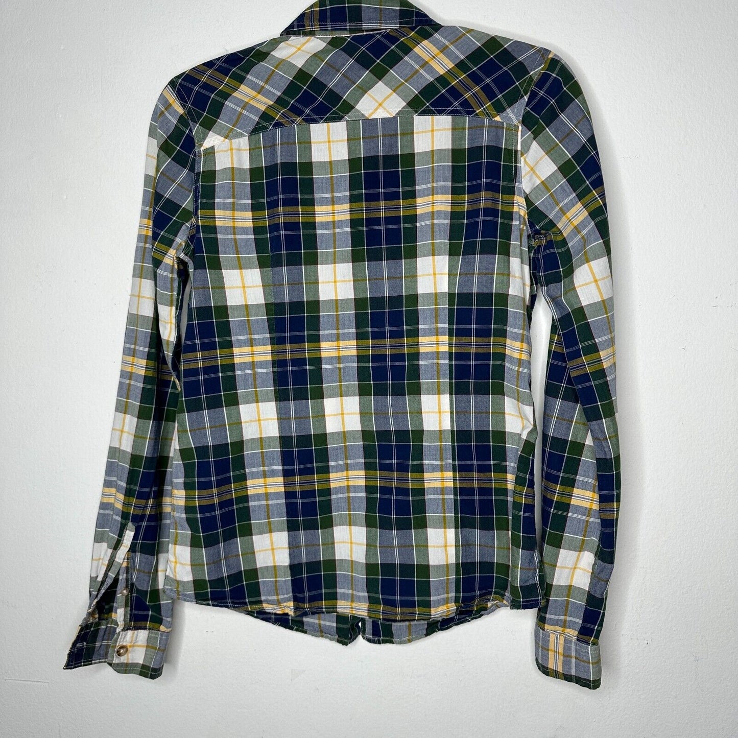 Mossimo Supply Green Blue Yellow White Plaid Button Front Long Sleeve Shirt SM