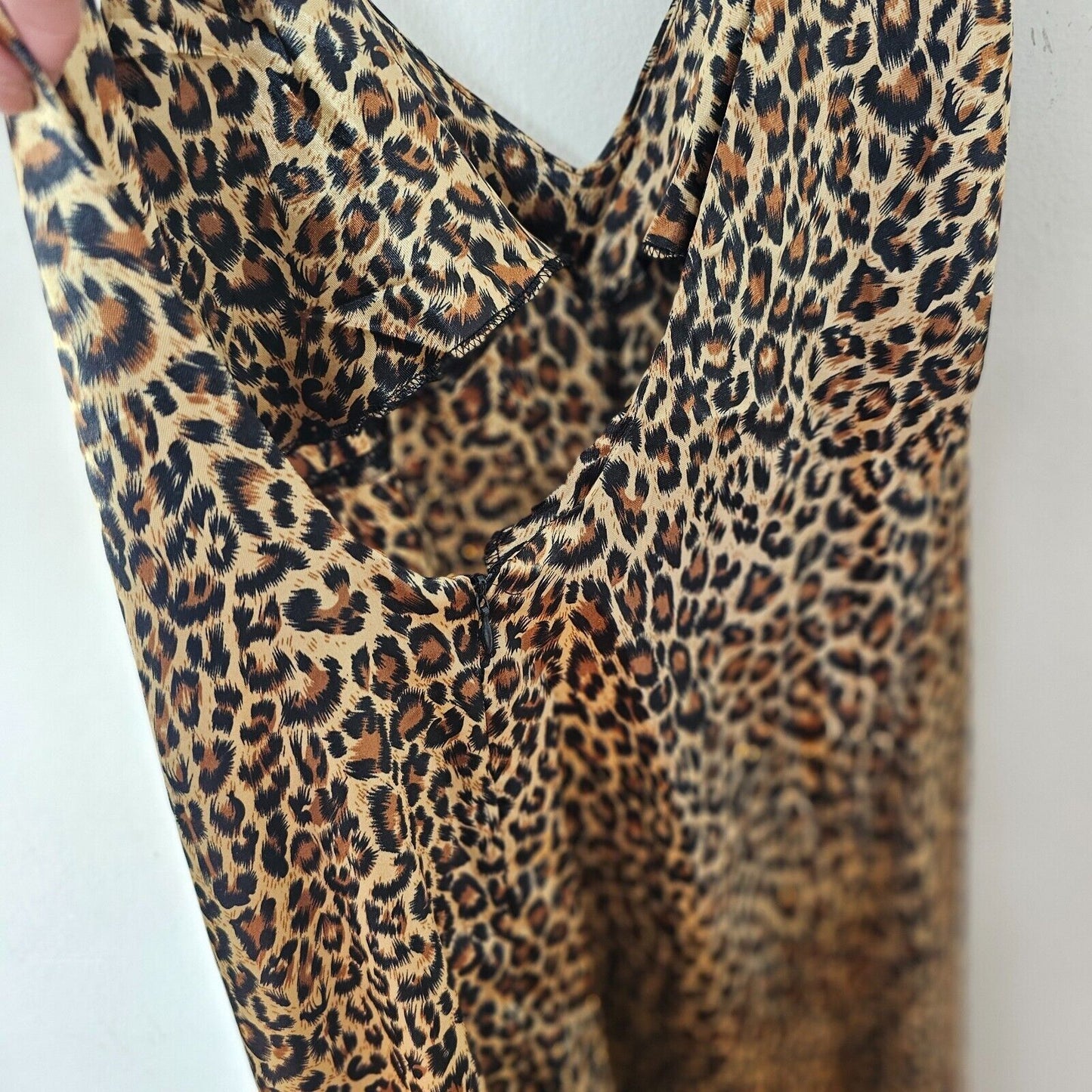 Dance & Marvel Tan Black Satin Cheetah Print V-Neck Front Slit Midi Dress L