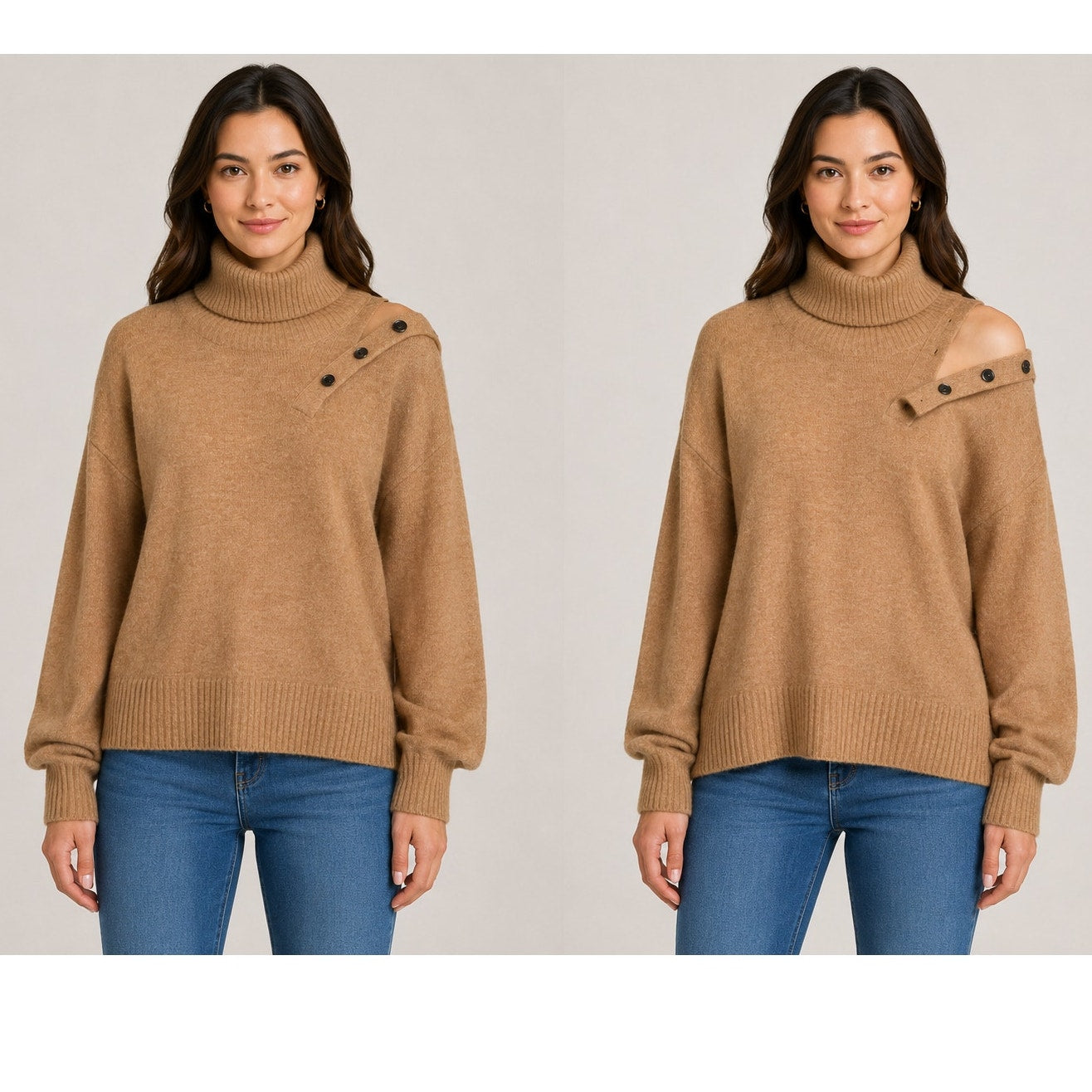 Marissa Webb Blake Camel Brown Button Cashmere Blend Turtleneck Sweater M