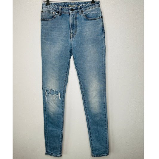 Saint Laurent Medium Light Blue Distressed Knee Slim Skinny Jeans 29