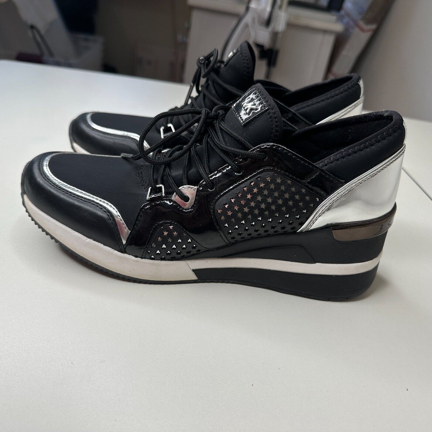 Michael Kors Black Scout Trainer Scuba Leather Wedge Sneaker Star Design 9