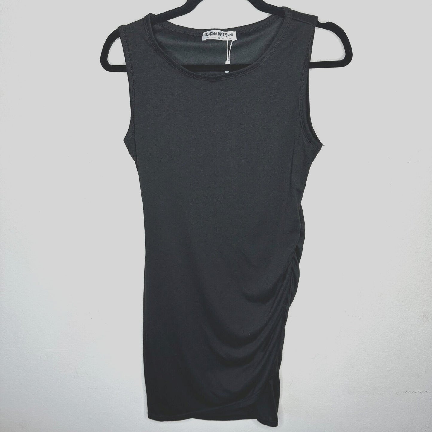 NWT Ecowish Black Sleeveless One-Side Ruche Round Neck Stretch Mini Small