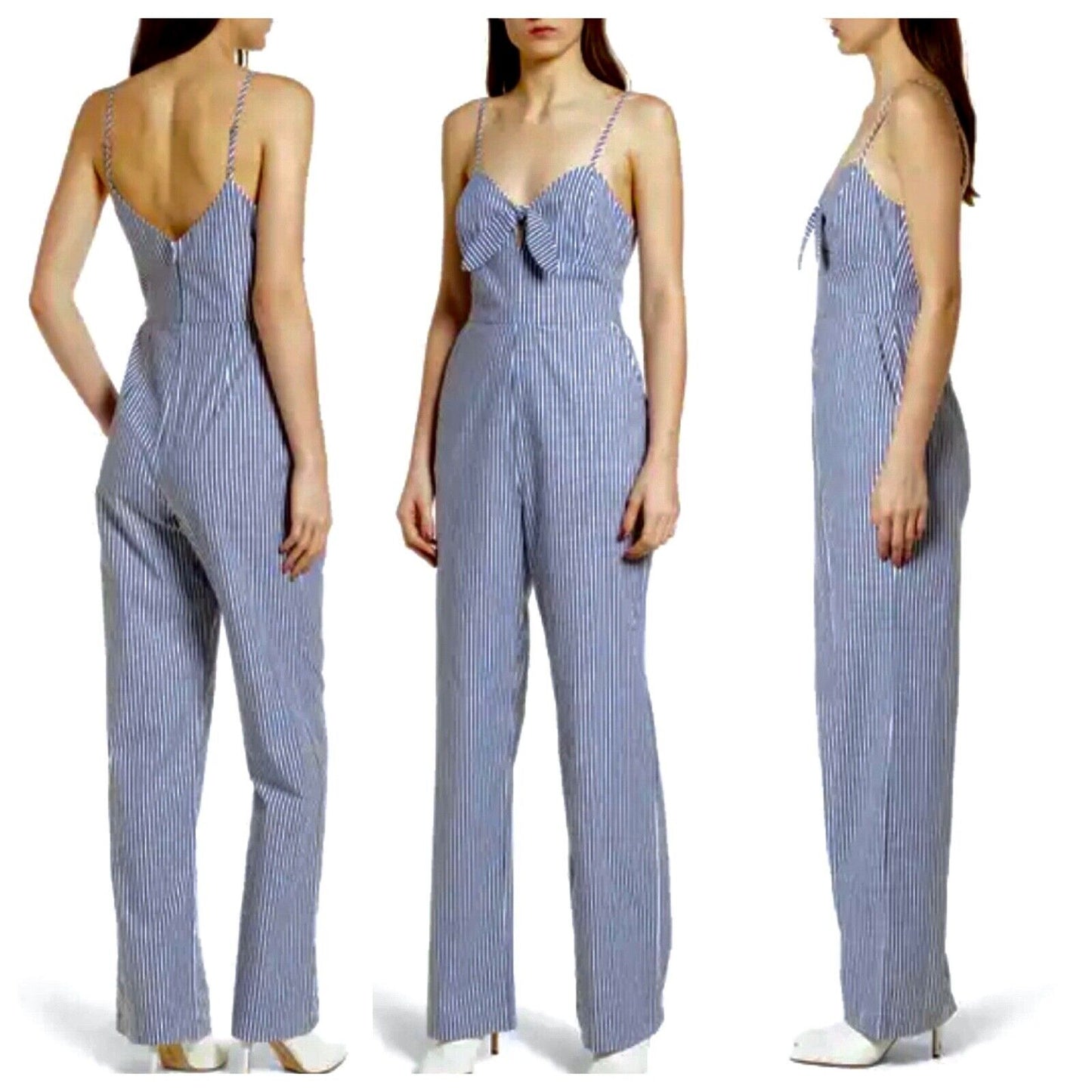 WAYF Massa Front Tie-Knot Pockets Blue White Pin Striped Jumpsuit Romper XS