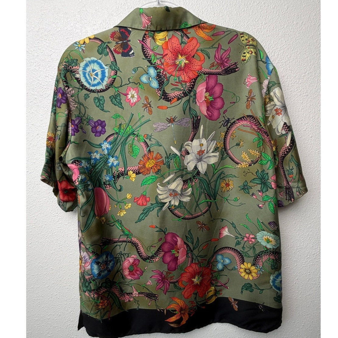 Gucci Olive Flora Snake Silk Camp Shirt Men's US 34