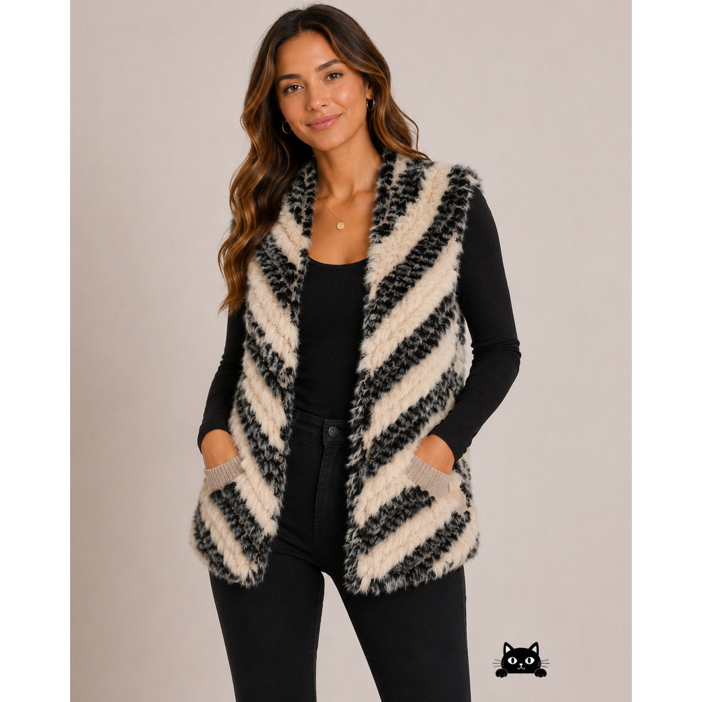 Marc by Marc Jacobs Cream Black Striped Knitted Soft Rabbit Fur Pocket Vest OS