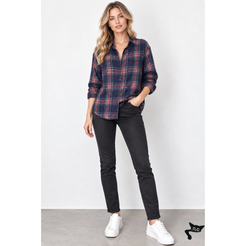 Treasure & Bond Navy Red White Plaid Collared Button Down Boyfriend Shirt L