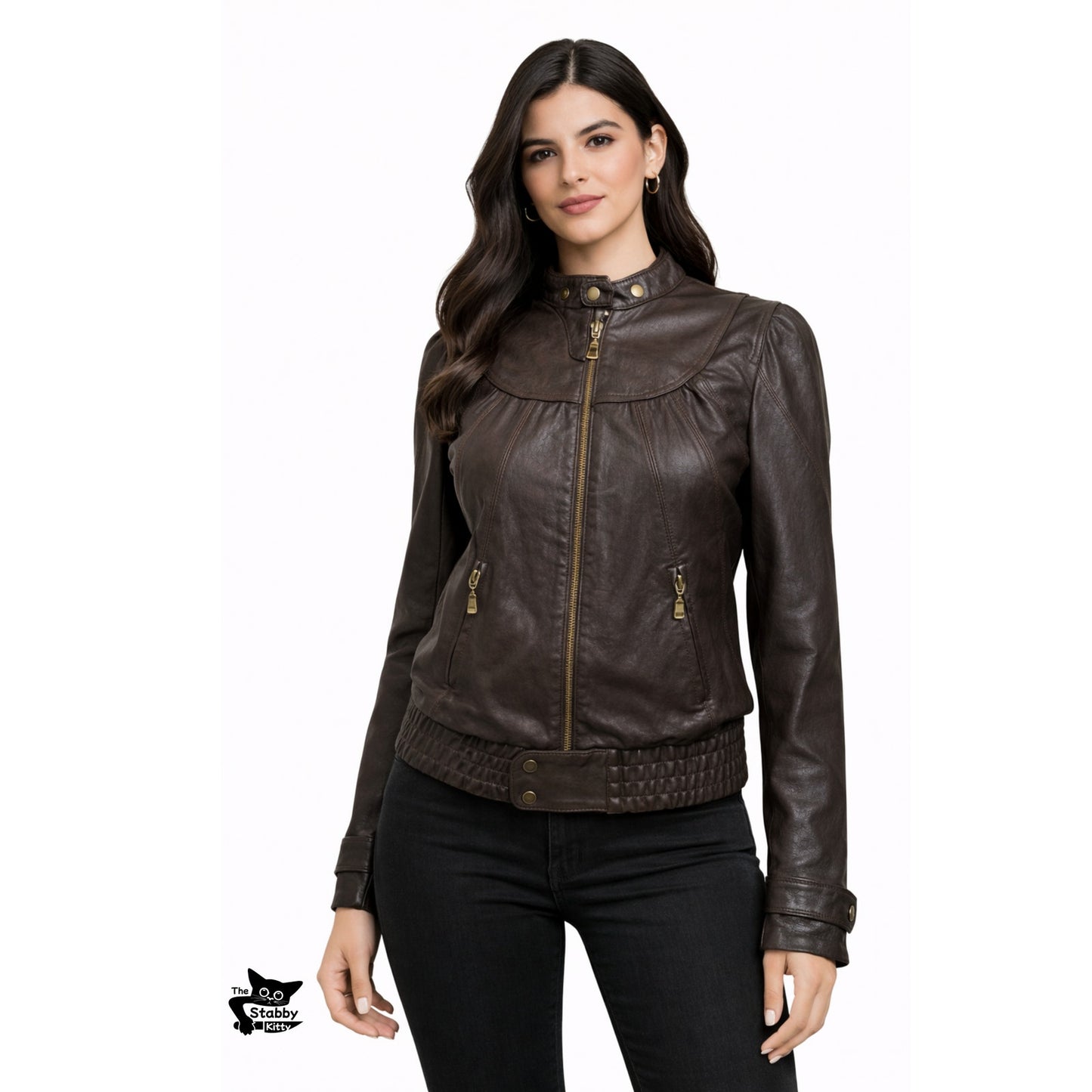 Ted Baker Brown Leather Jacket Womens US 6 Moto Gathered Zip