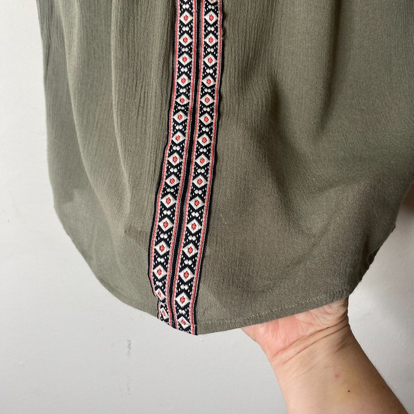 Braeve Olive Green Black Pink & White Aztec Print Trim Sleeveless Flowy Blouse S