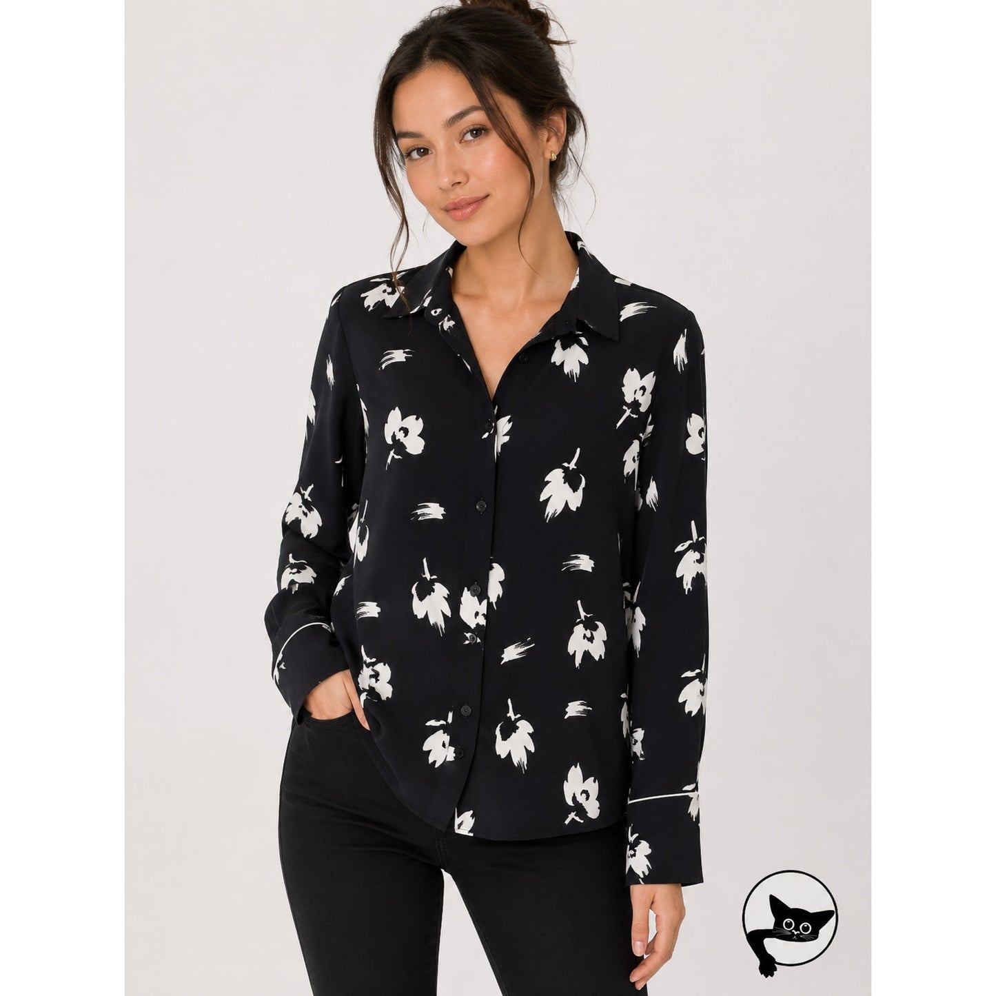 NWT Armani Exchange Black White Floral Long Sleeve Button Shirt XS