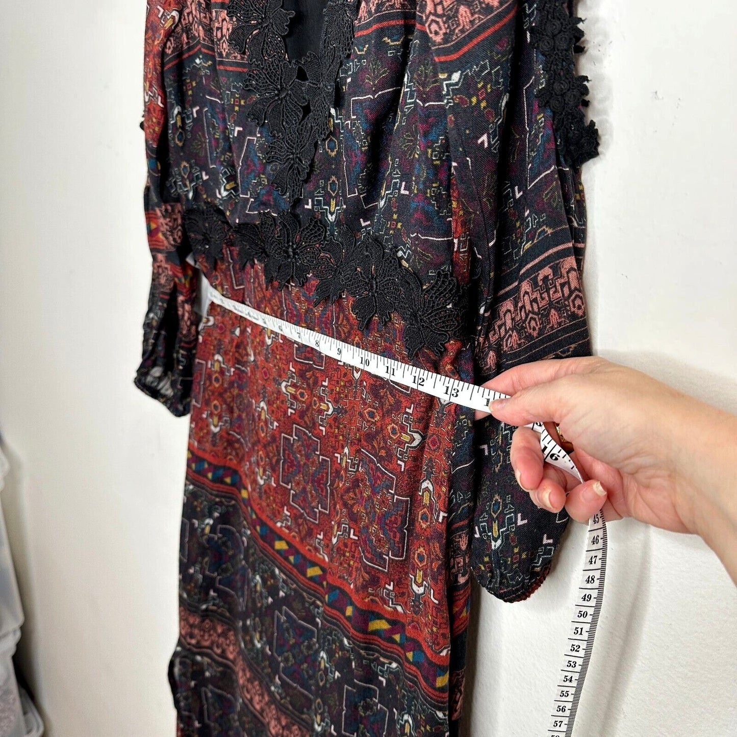 Line & Dot Black Rust Aztec Lace Trim Slit Maxi Cold Shoulder Long Sleeve M